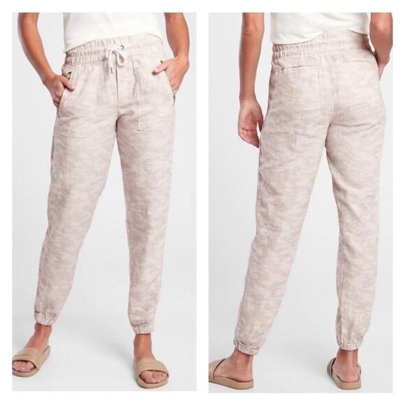 Athleta Pants Womens 4 Cream Camo Cabo Tide Linen Jogger Drawstring Lightweight - Picture 1 of 13